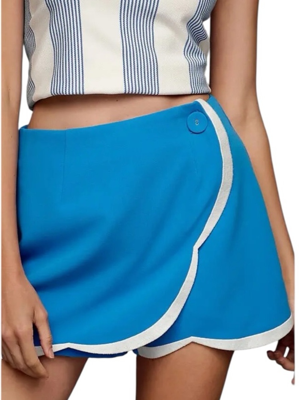 Maeve for Anthropologie Blue Scalloped Wrap Skort with White Trim - Picture 3 of 12